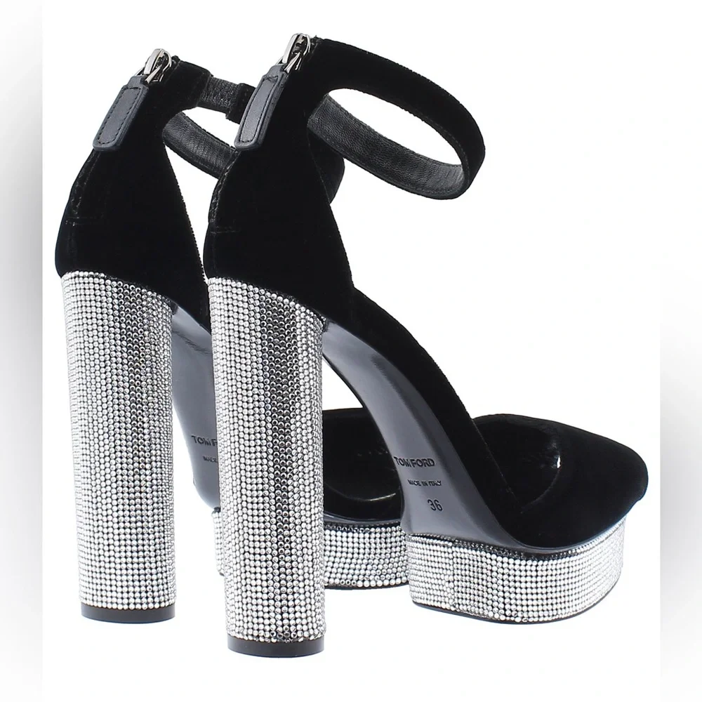 TOM FORD Black Velvet Crystal Holiday Platform Sandals 39
